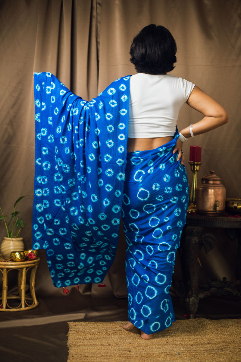 Cotton Mul Tie Dye Saree Blue Bindu-4