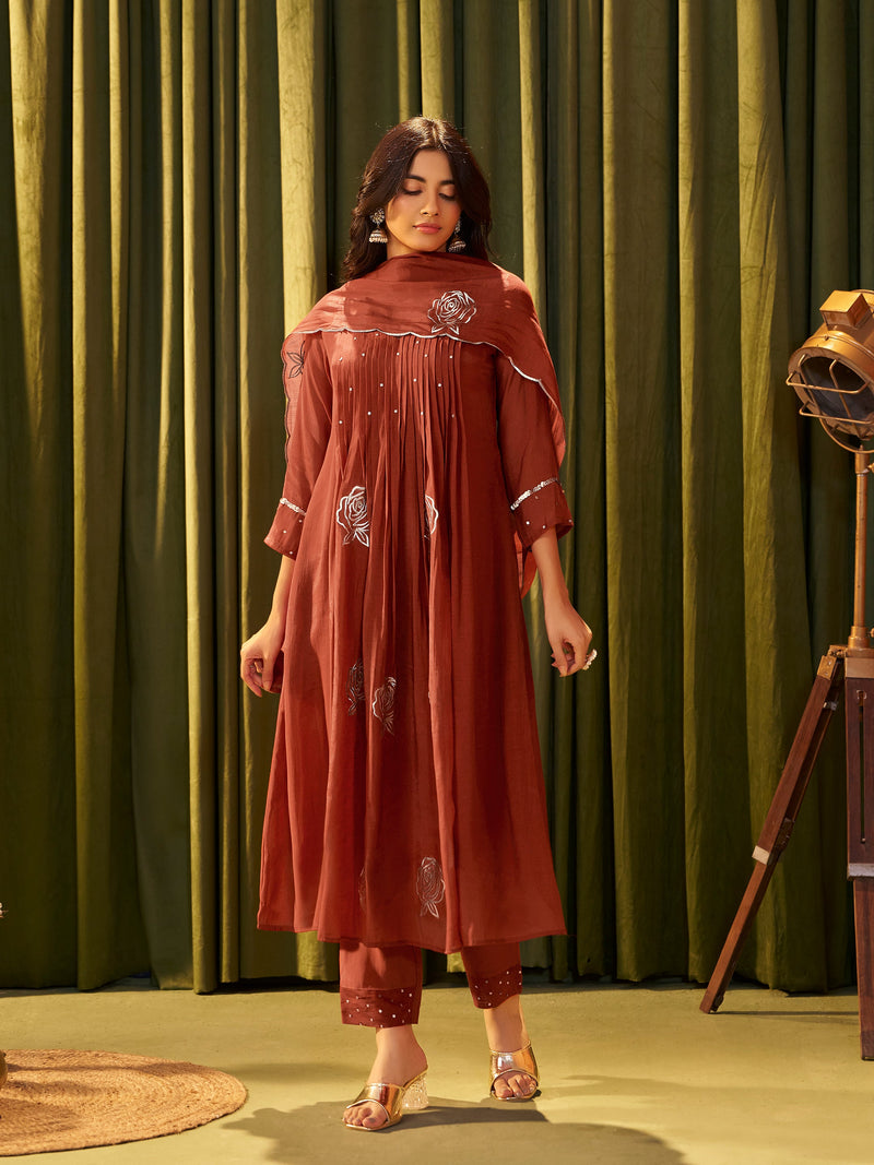 Advika Maroon Mul Chanderi Suit Set