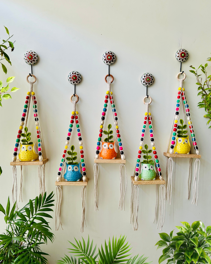 Colorful Macrame Beaded’ Mini Wall Shelves with ceramic hooks and ceramic owl planters