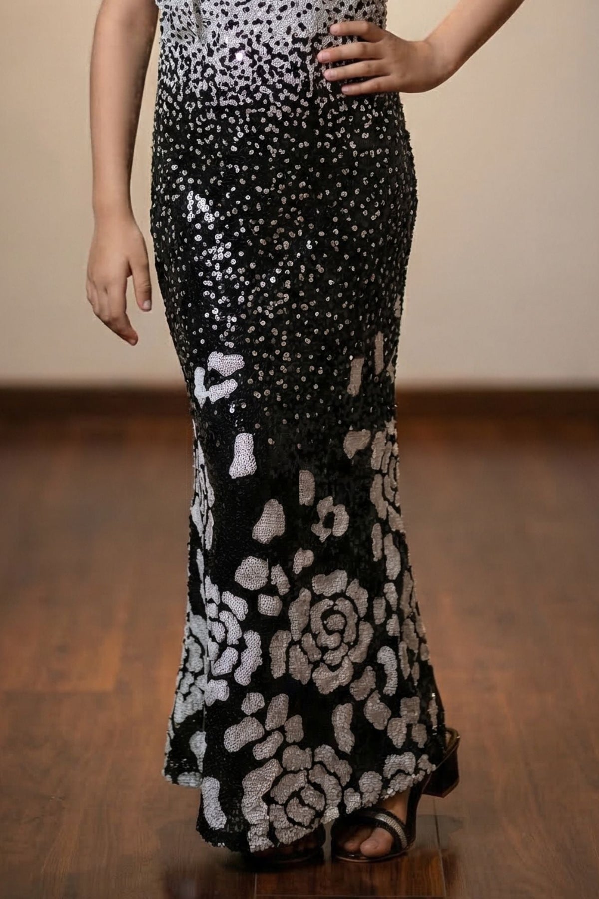 Black One-Shoulder Sequin Embellished Mermaid Gown For Girls