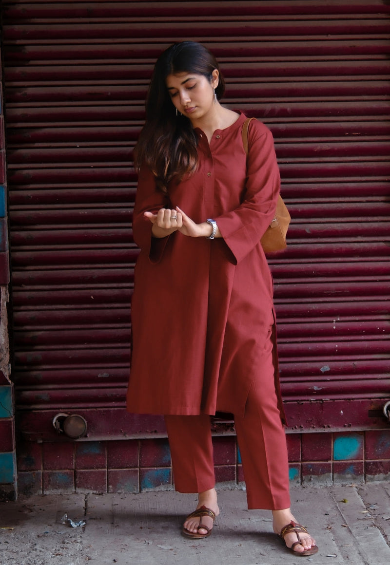 Madder Solid Slub Cotton Straight Co-Ord Set- DyeVerse