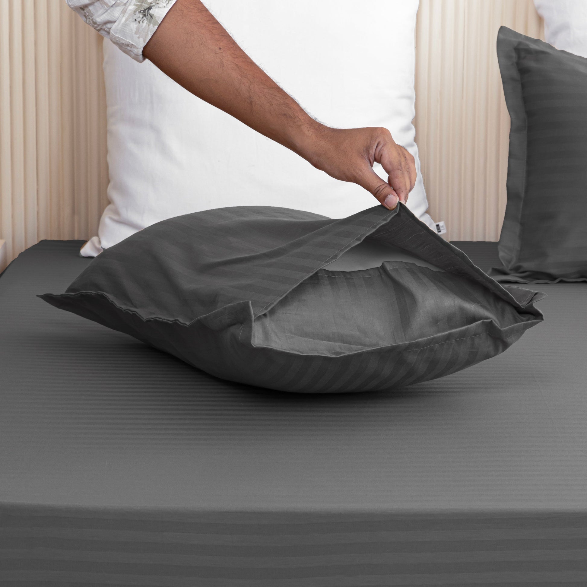 Breton Drift - Satin Stripes Fitted Bedsheet (Grey)-4