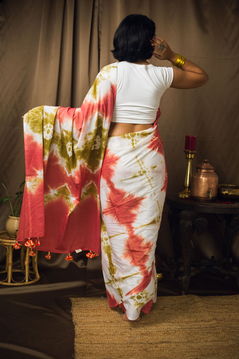 Cotton Mul Tie Dye Saree Green Earth-4