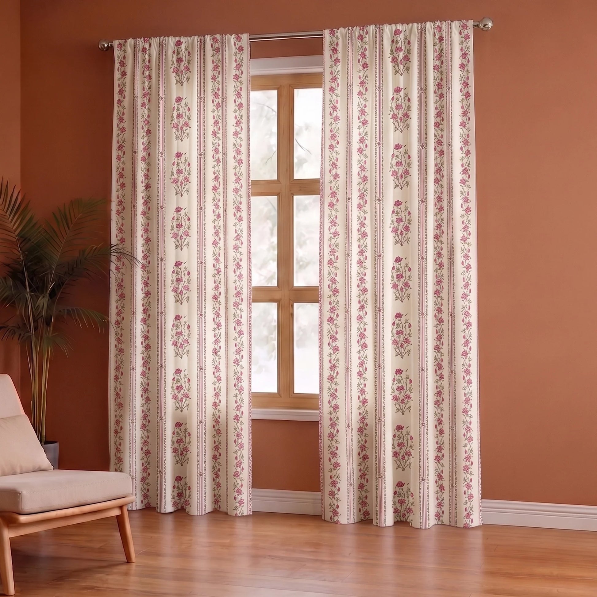 Pink Floral Petal Stripe Rod Pocket Printed duck Curtain-4