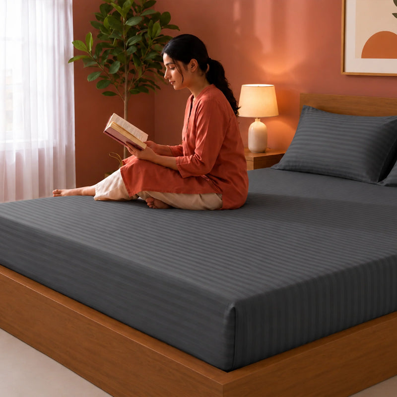 Breton Drift - Satin Stripes Fitted Bedsheet (Grey)-4