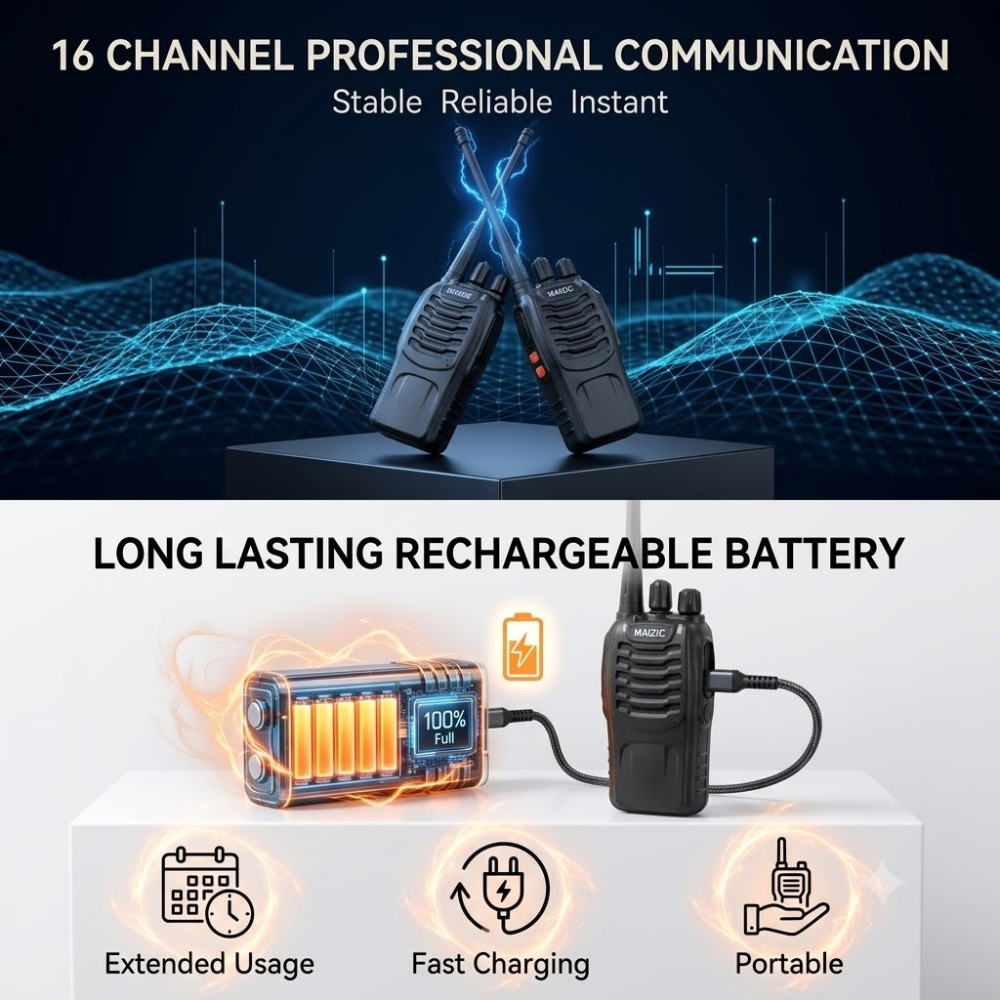 Maizic Smarthome Portable Walkie Talkie Set | 5 KM Long Range Two-Way Radio | 16 Channel 27MHz CB Radio | Rechargeable Handheld Communication Device for Security, Hiking & Travel (Black, Pack of 2)
