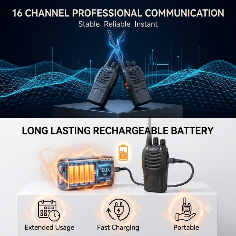 Maizic Smarthome Portable Walkie Talkie Set | 5 KM Long Range Two-Way Radio | 16 Channel 27MHz CB Radio | Rechargeable Handheld Communication Device for Security, Hiking & Travel (Black, Pack of 2)