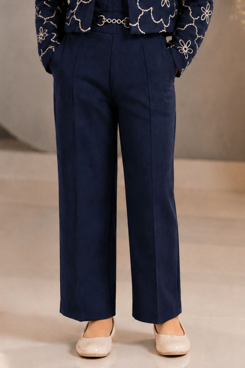 Navy Blue Embroidered Co-ord Set with Cropped Jacket For Girls