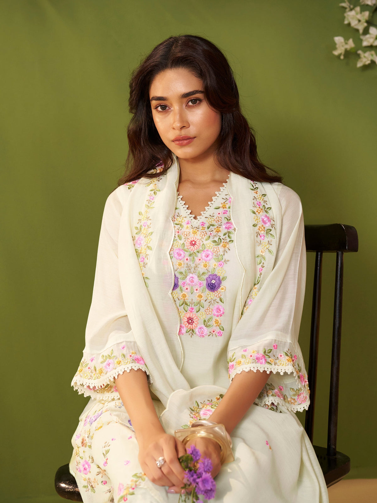 Komal White Mul Chanderi Suit Set