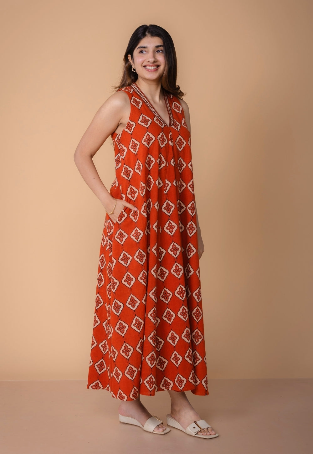 Arisha Orange Dabu Slub Cotton A Line Dress