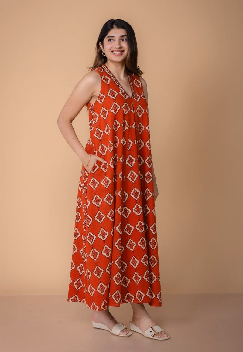 Arisha Orange Dabu Slub Cotton A Line Dress
