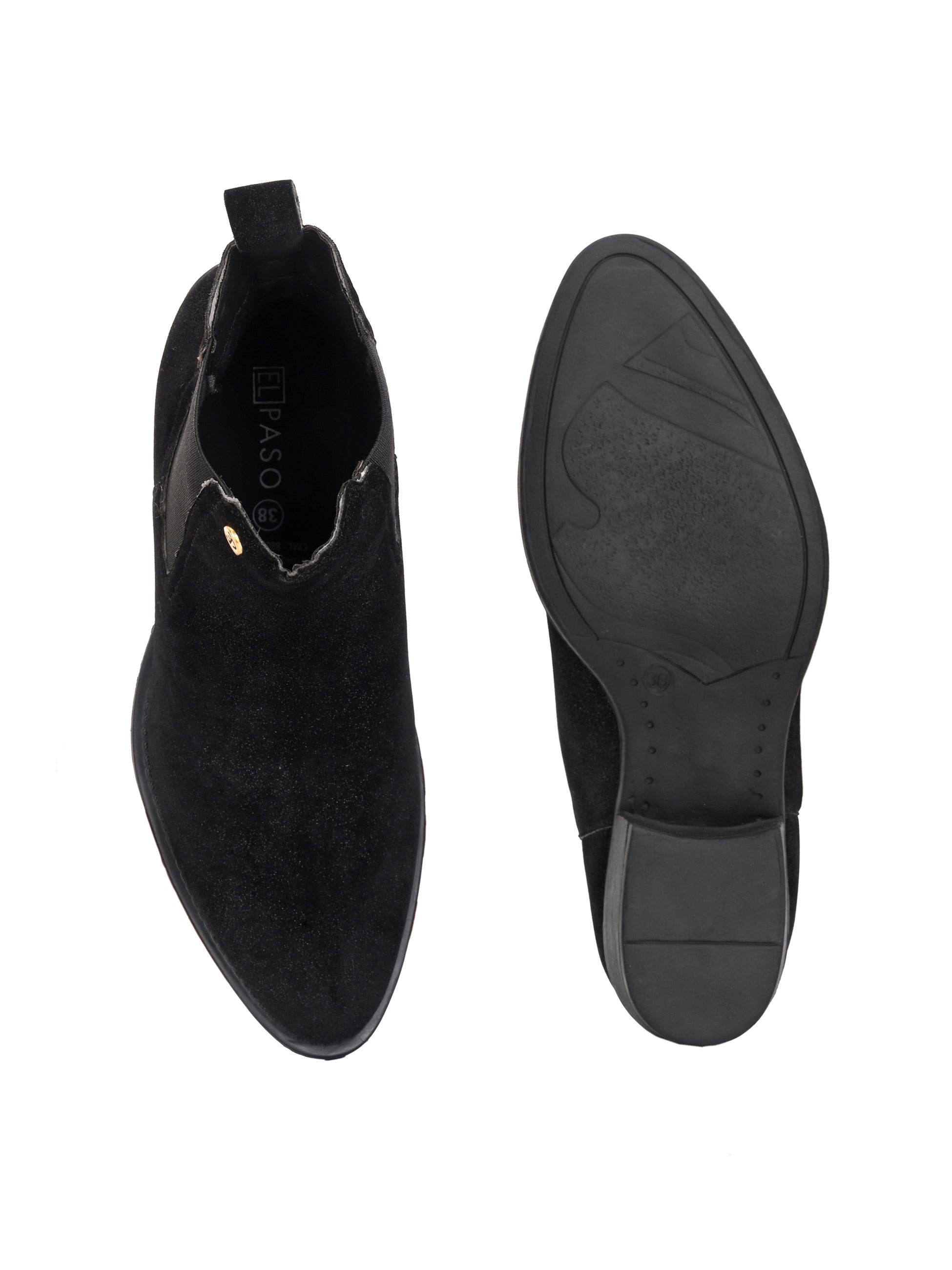 Charcoal suede slip-on boots with elastic side panels and a low block heel, featuring subtle gold detailing for a sleek, versatile look