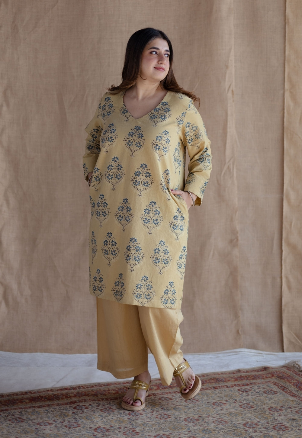 Kavya Yellow Ajrakh Cotton Straight Kurta with Hand Embroidery