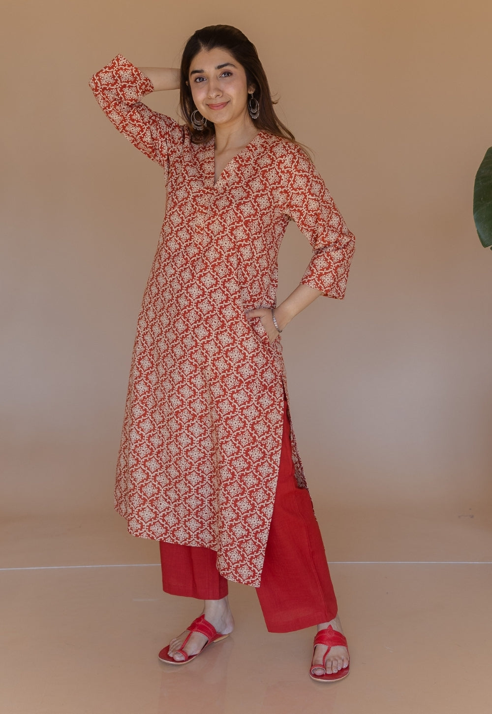 Avika Red Bagru Cotton Straight Kurta
