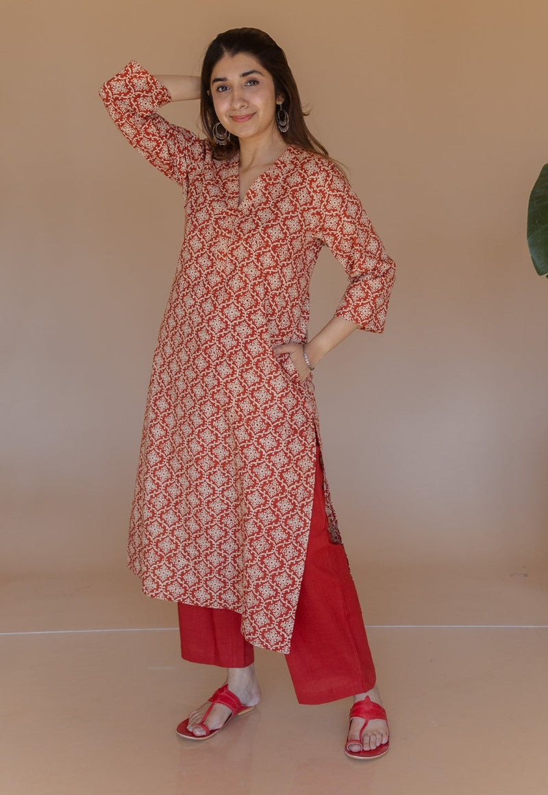 Avika Red Bagru Cotton Straight Kurta