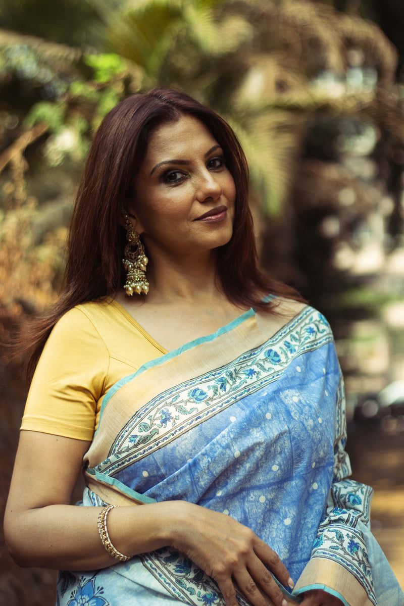 Cotton Kasavu Saree,Tree of Life Design • Blue-3