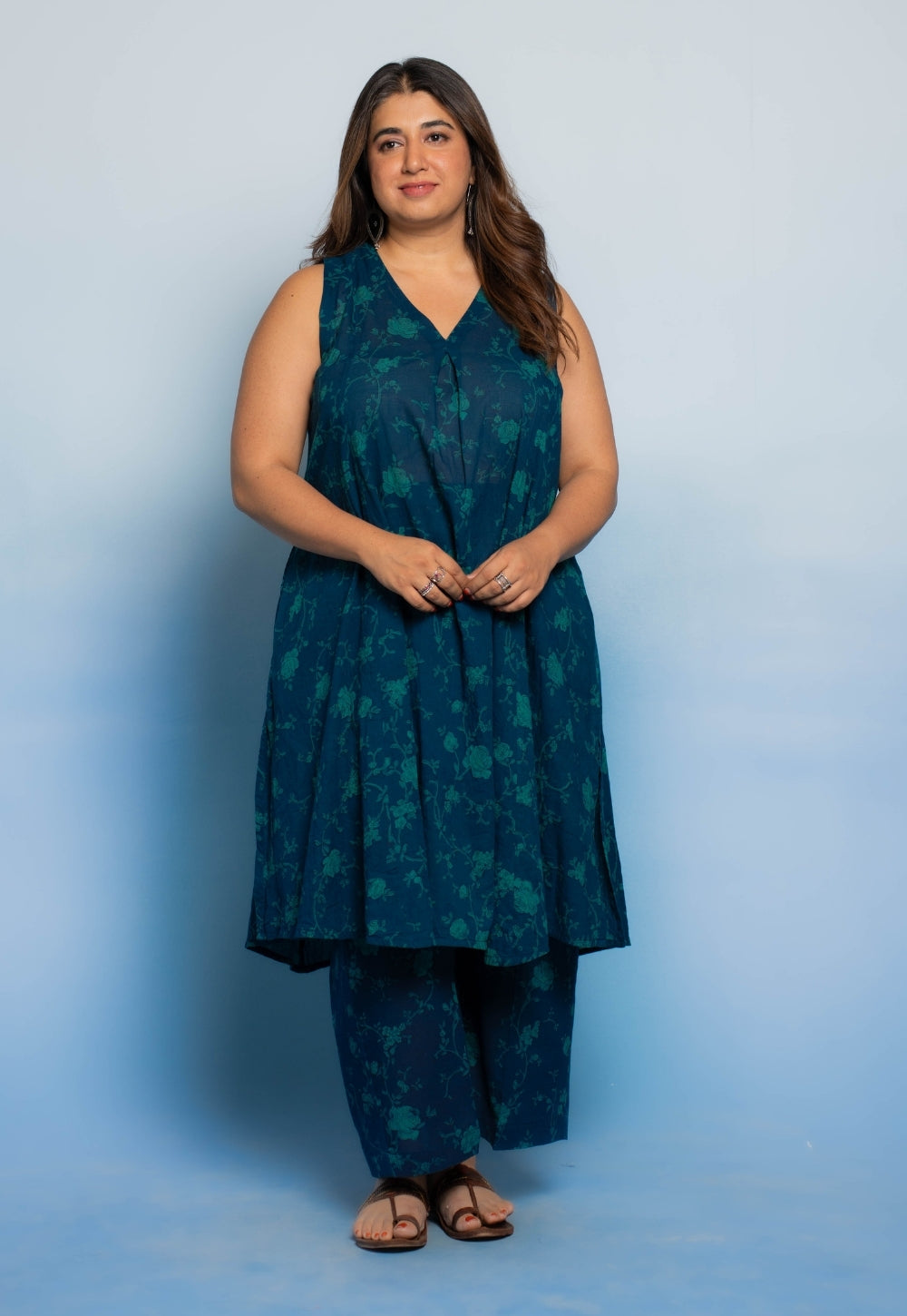 Raahi Blue Dabu Mul Cotton A Line Co-Ord Set