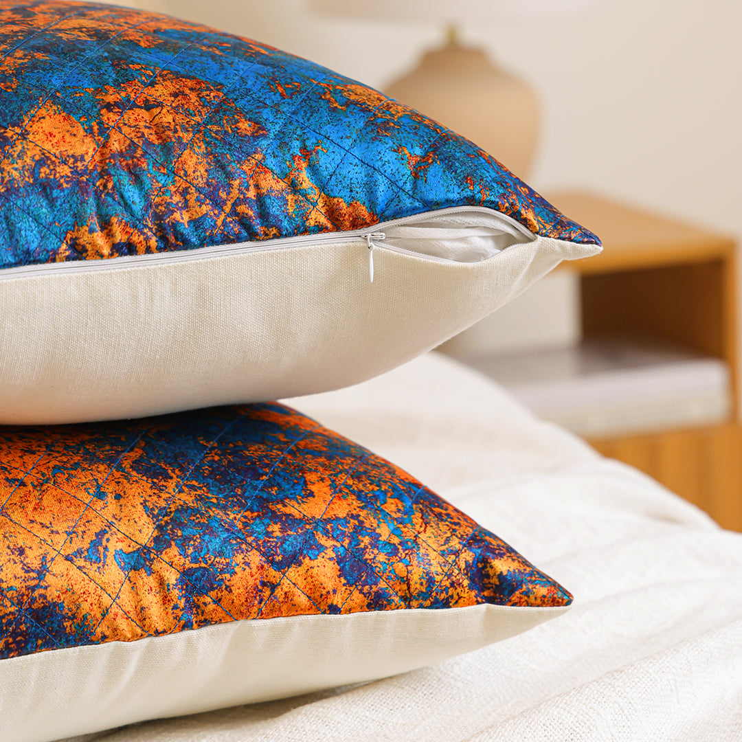 Abstract Pattern Quilted Cushion Cover (Turquoise & Mustard)-5