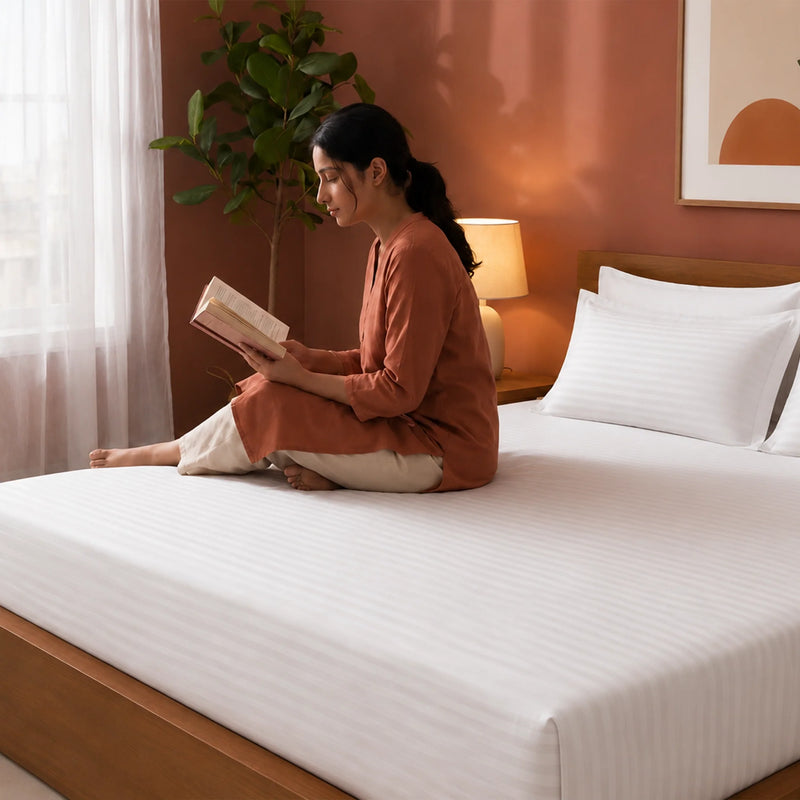 Breton Drift - Satin Stripes Fitted Bedsheet (White)-4
