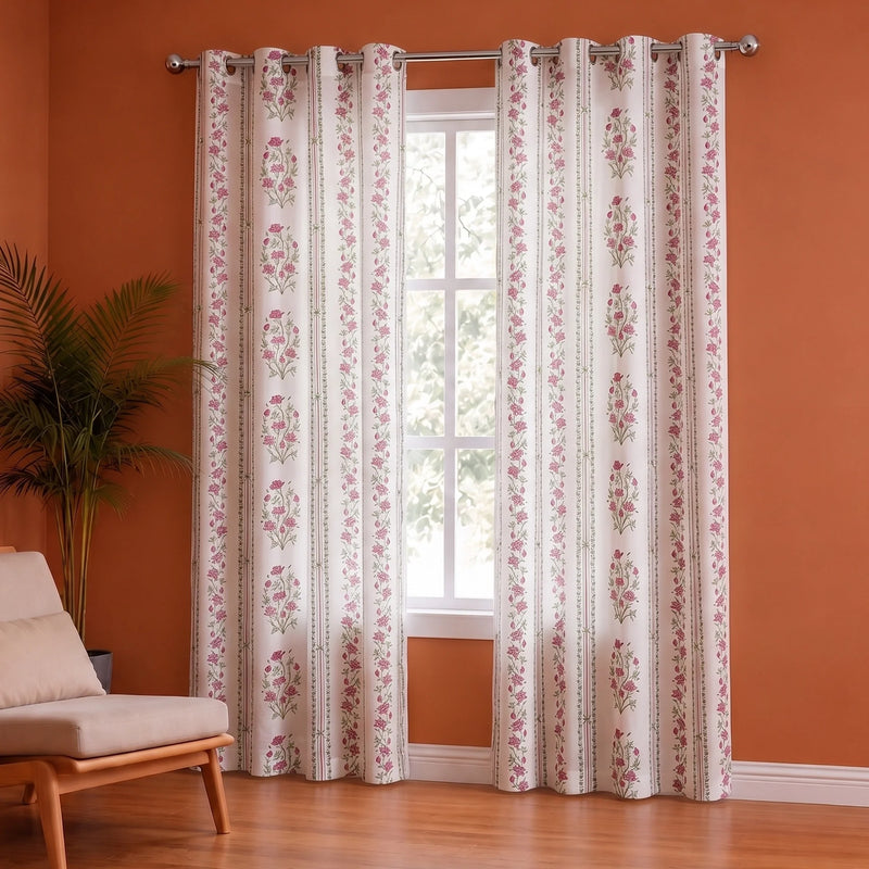 Pink Floral Petal Stripe Eyelet Printed duck Curtain-4