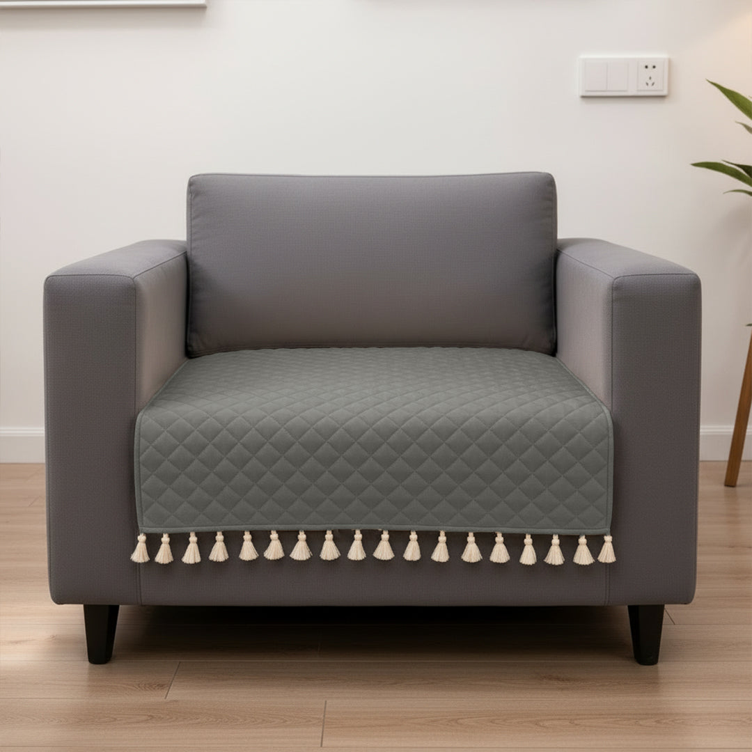 Quilted Velvet Sofa Cover with Tassels (Grey)-1
