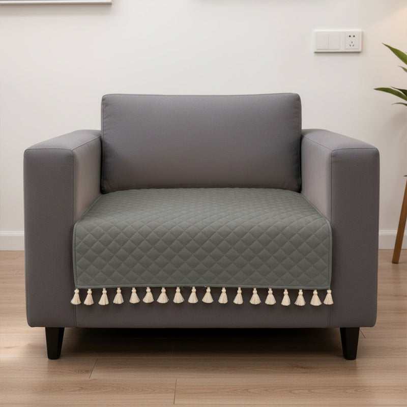 Quilted Velvet Sofa Cover with Tassels (Grey)-1