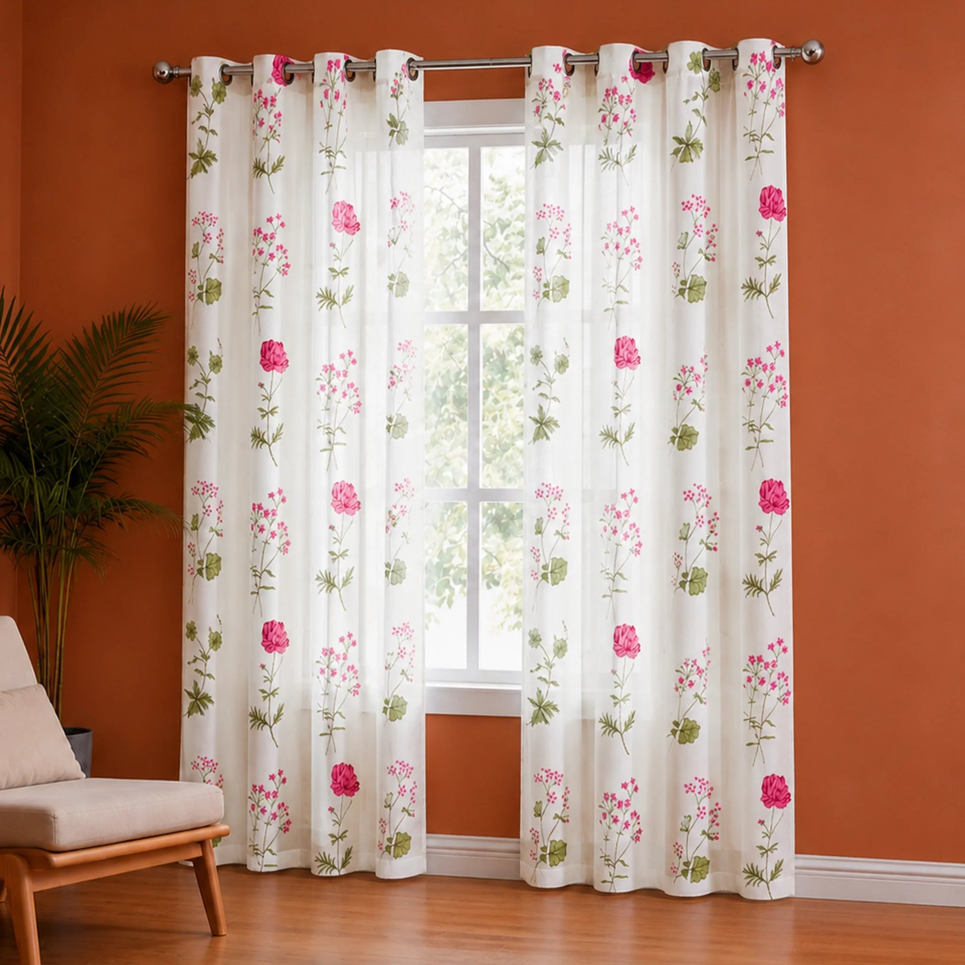 Pink Floral Printed Eyelet Duck Curtain-4