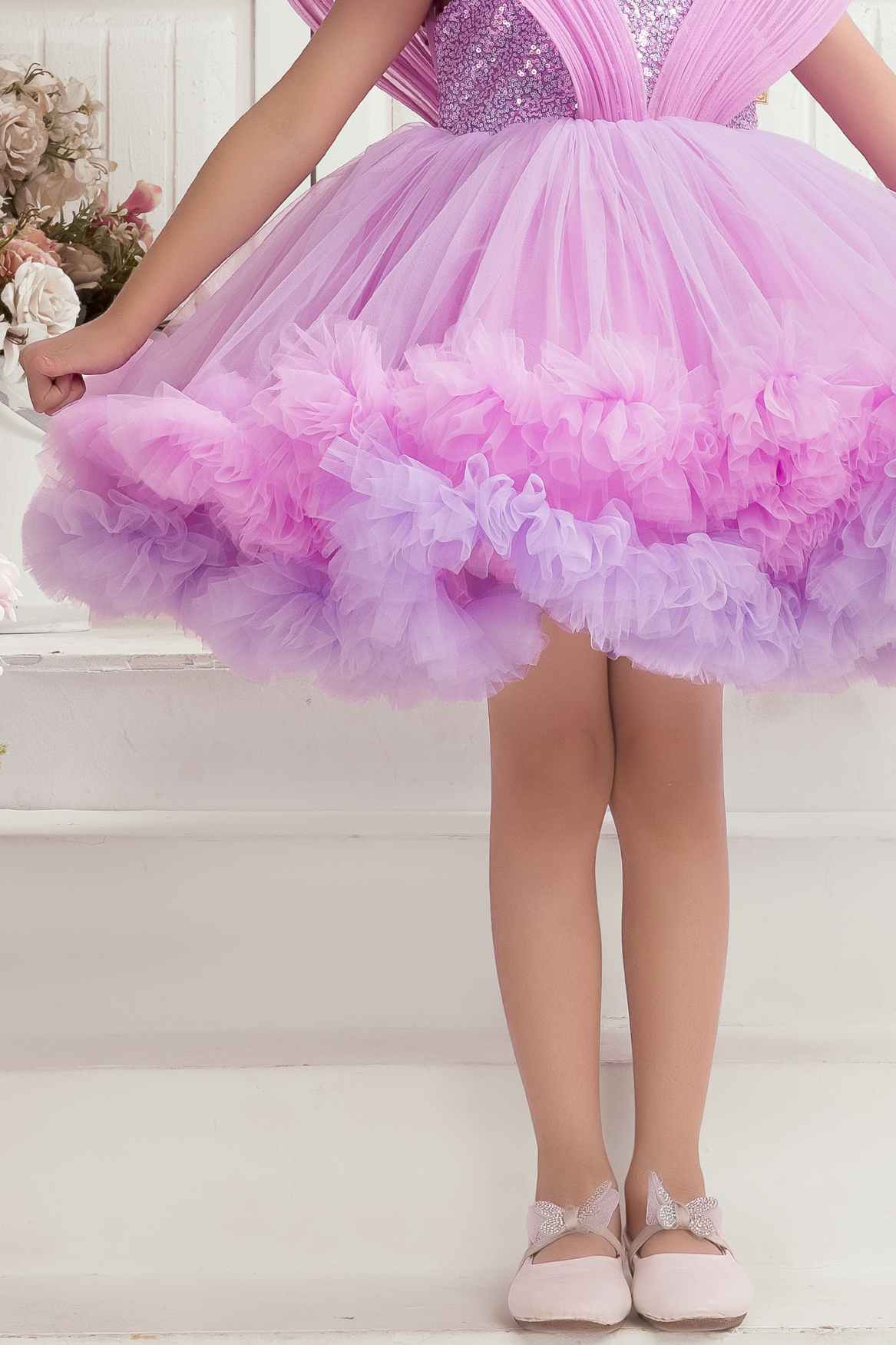 Lavender Ruffle Party Frock with Sparkle Sequins Embellishment For Girls