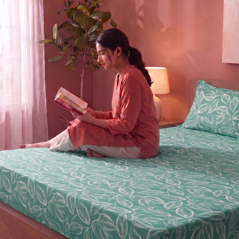 Imprimer Itsy-Bitsy - Leaf Printed Fitted Bedsheet (Aqua Blue)-4