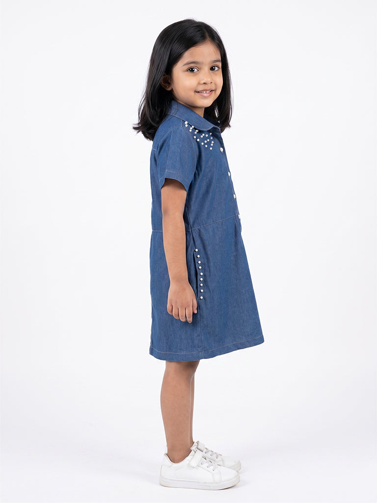 Pearl Stud Denim Shirt Dress