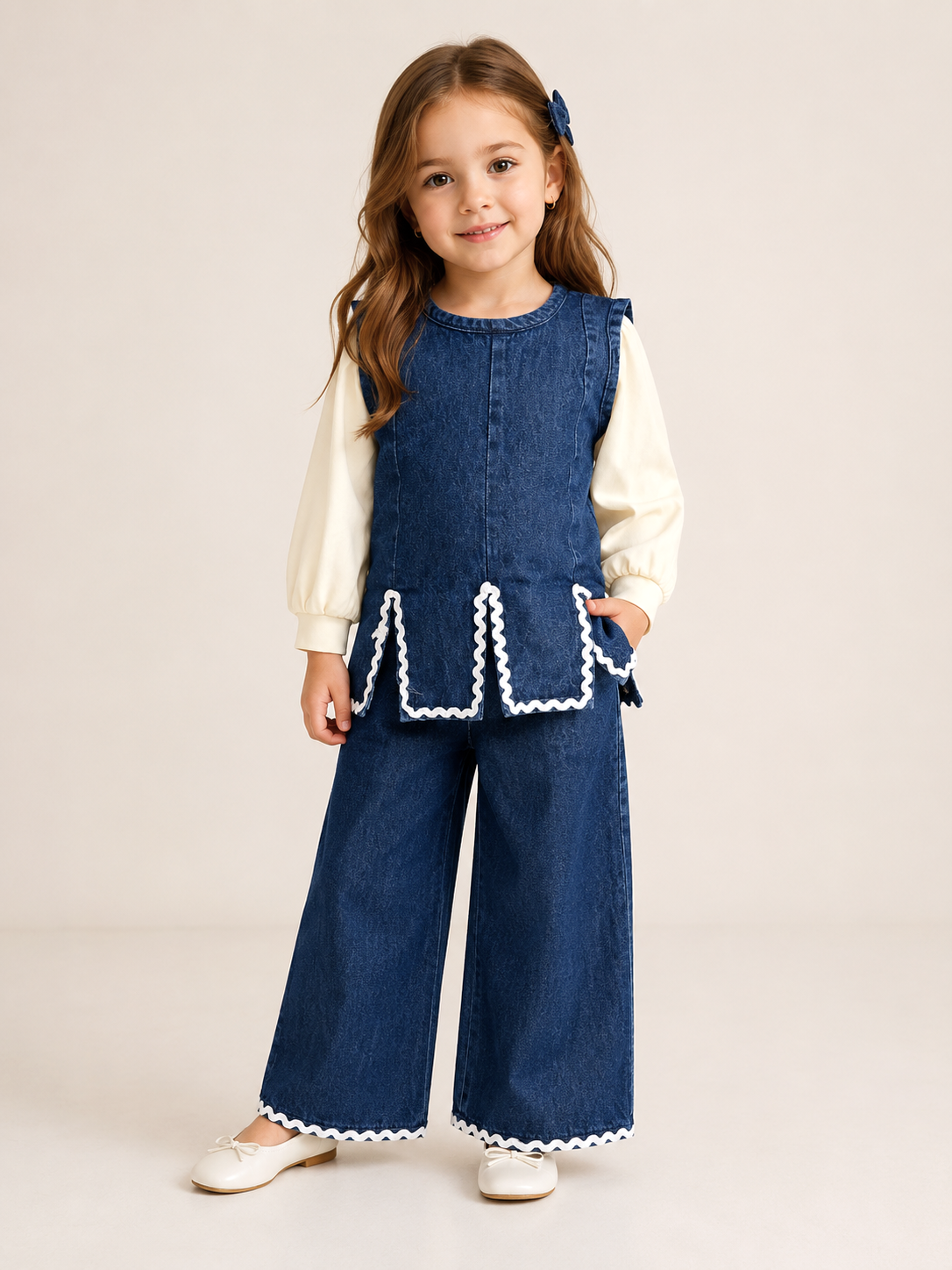 Girls Designer 3 Piece Dark Blue Denim Co-Ord Set [GCS-2G-9858] (4-12Years)