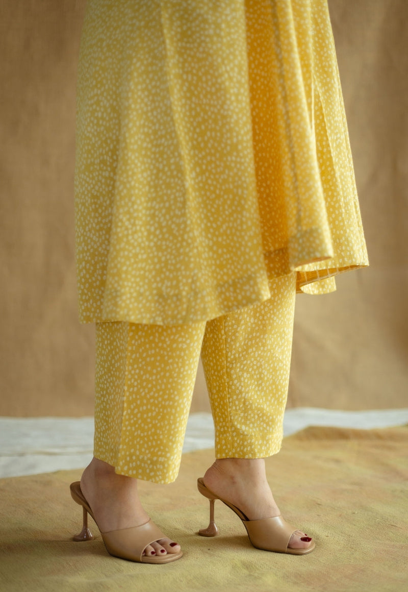 Aziza Mustard Hand Block Print Slub Cotton A Line Kurta