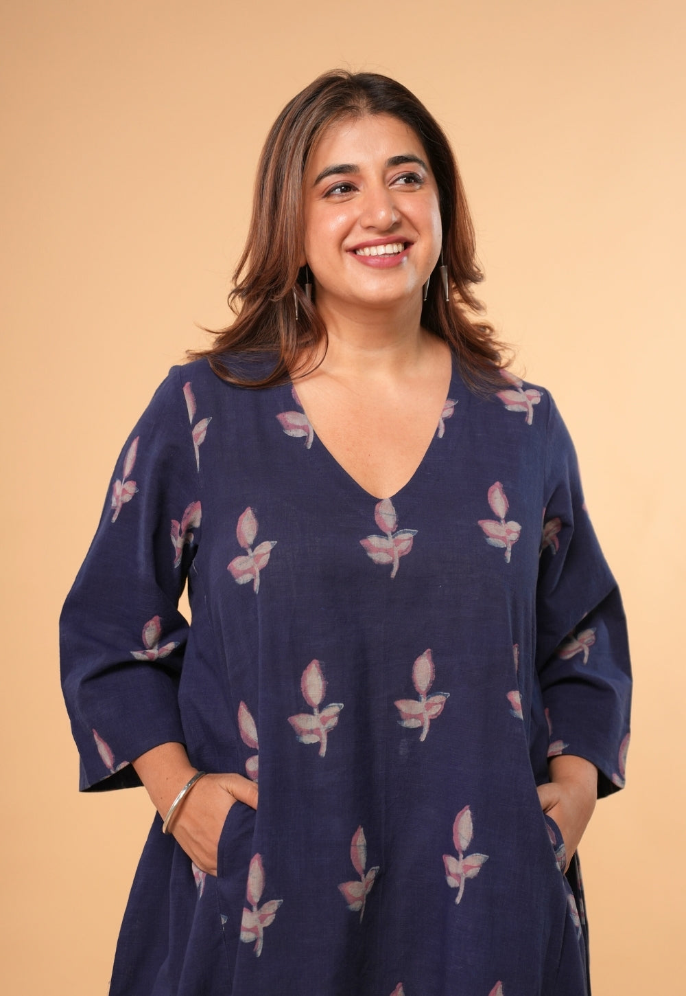 Vidya Blue Dabu Slub Cotton A Line Dress