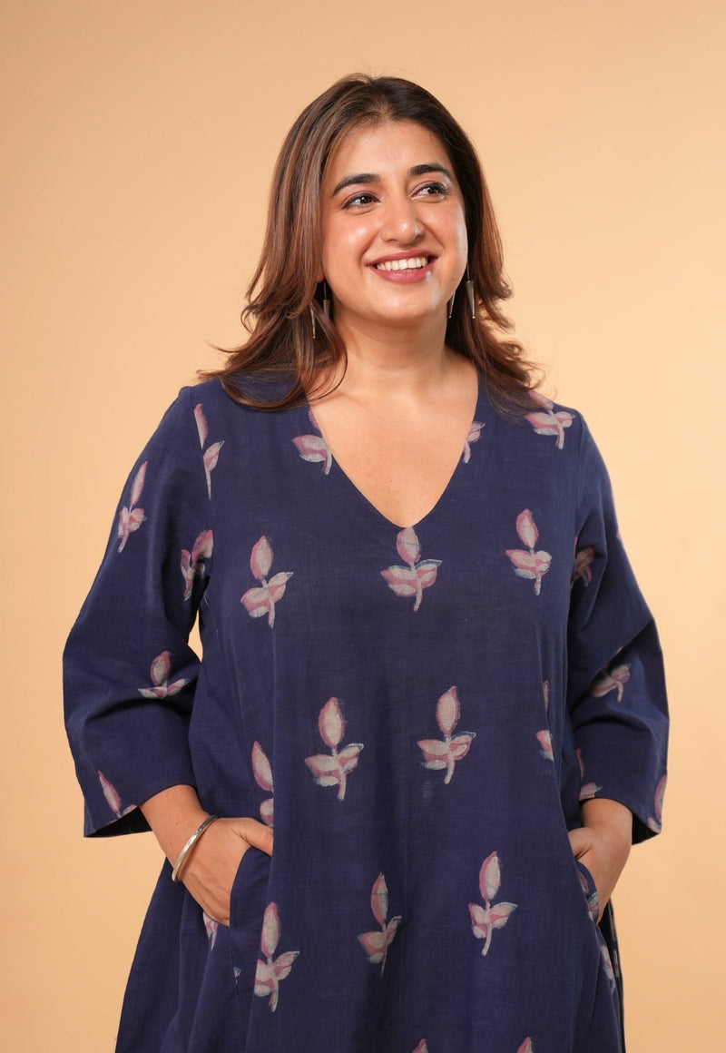 Vidya Blue Dabu Slub Cotton A Line Dress