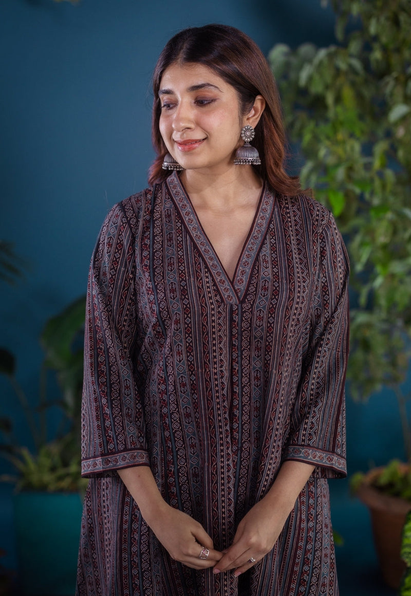 Jinal Black Ajrakh Cotton Kali Kurta