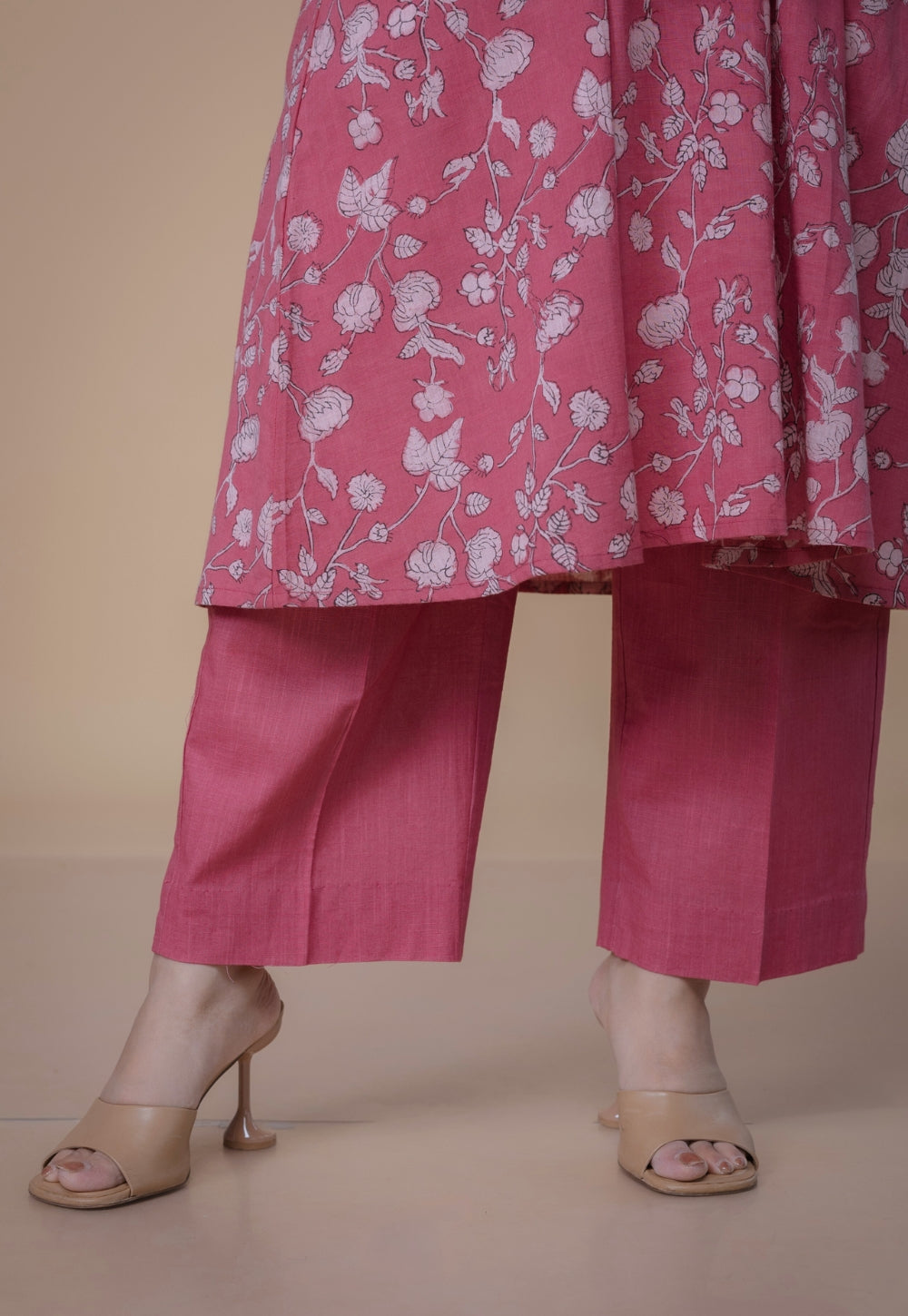 Yashi Pink Solid Slub Cotton Straight Pant