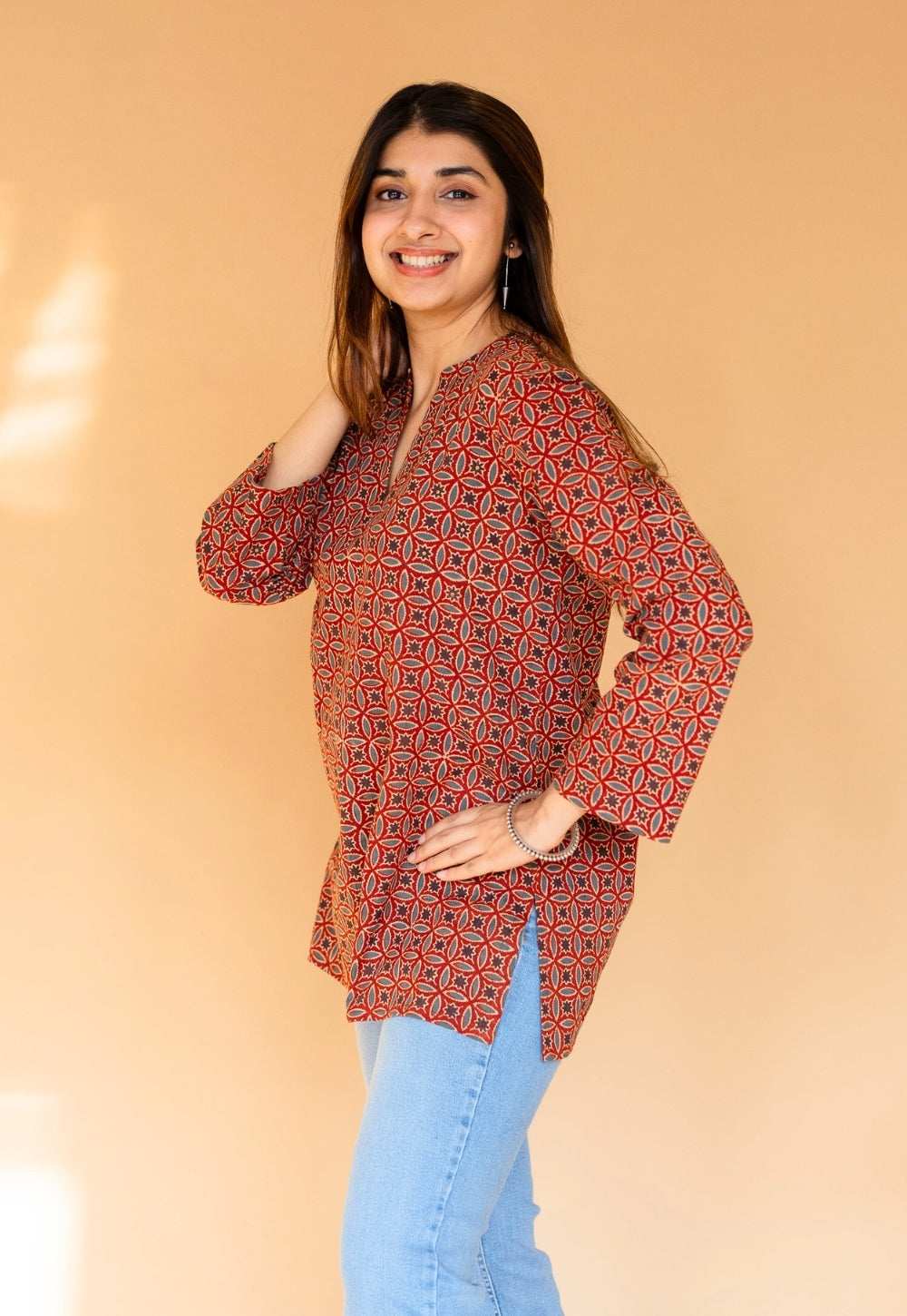 Karvi Red Ajrakh Cotton Straight Short Top with Embroidery
