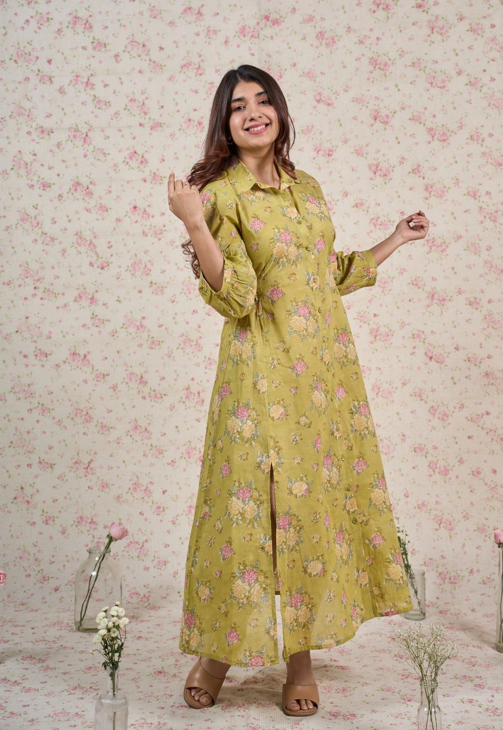 Lily Green Sanganeri Mul Cotton A Line Dress