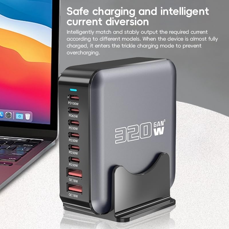 WISTAR WISTAR 320W GaN 8-Port USB C Charger Station, 100W PD Fast Charging Hub with 6 USB-C & 2 USB-A, Desktop Charger for MacBook, iPhone 16 Pro Max, iPd, Samsung, Steam Deck, EU Plug - image 6