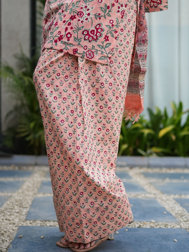 Peach Love Pink Cotton Kurta Set with Farshi Salwar and Kota Doriya Dupatta