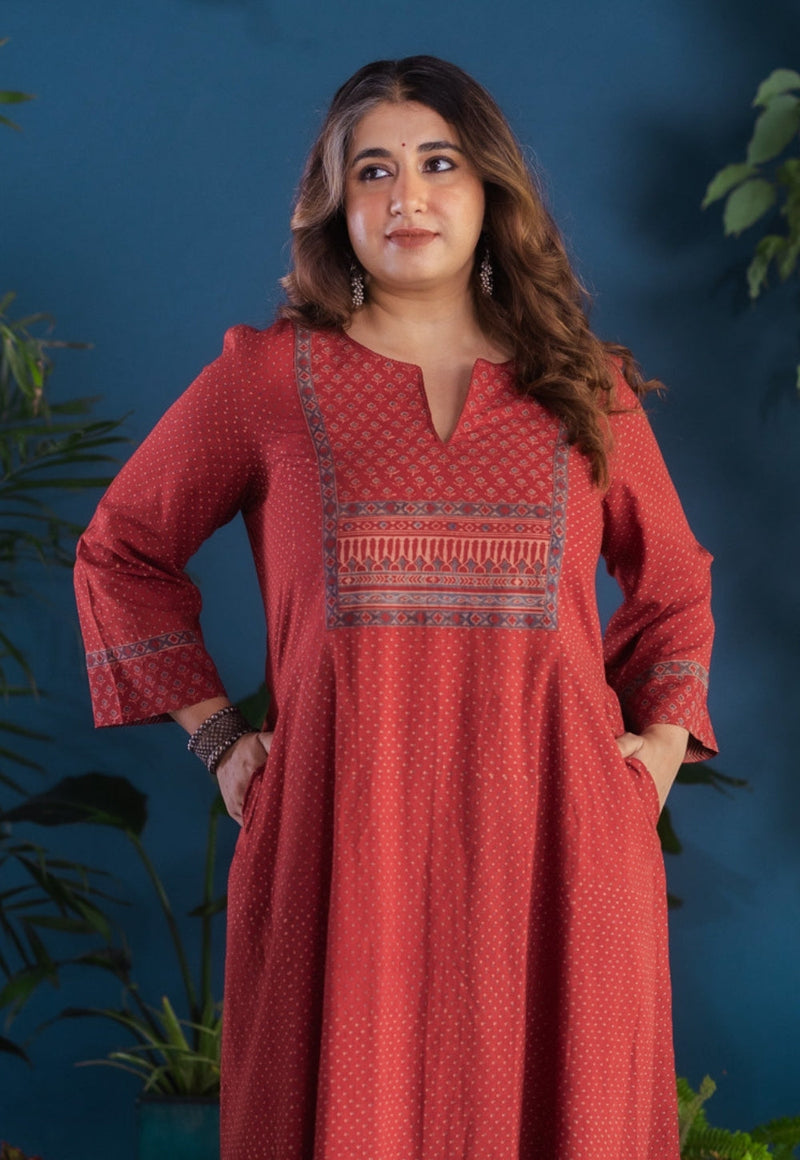 Fariha Red Ajrakh Cotton Kali Kurta with Hand Embroidery