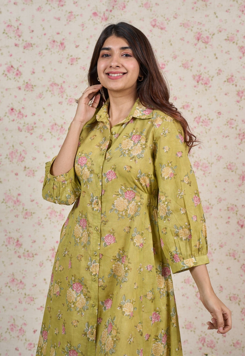 Lily Green Sanganeri Mul Cotton A Line Dress