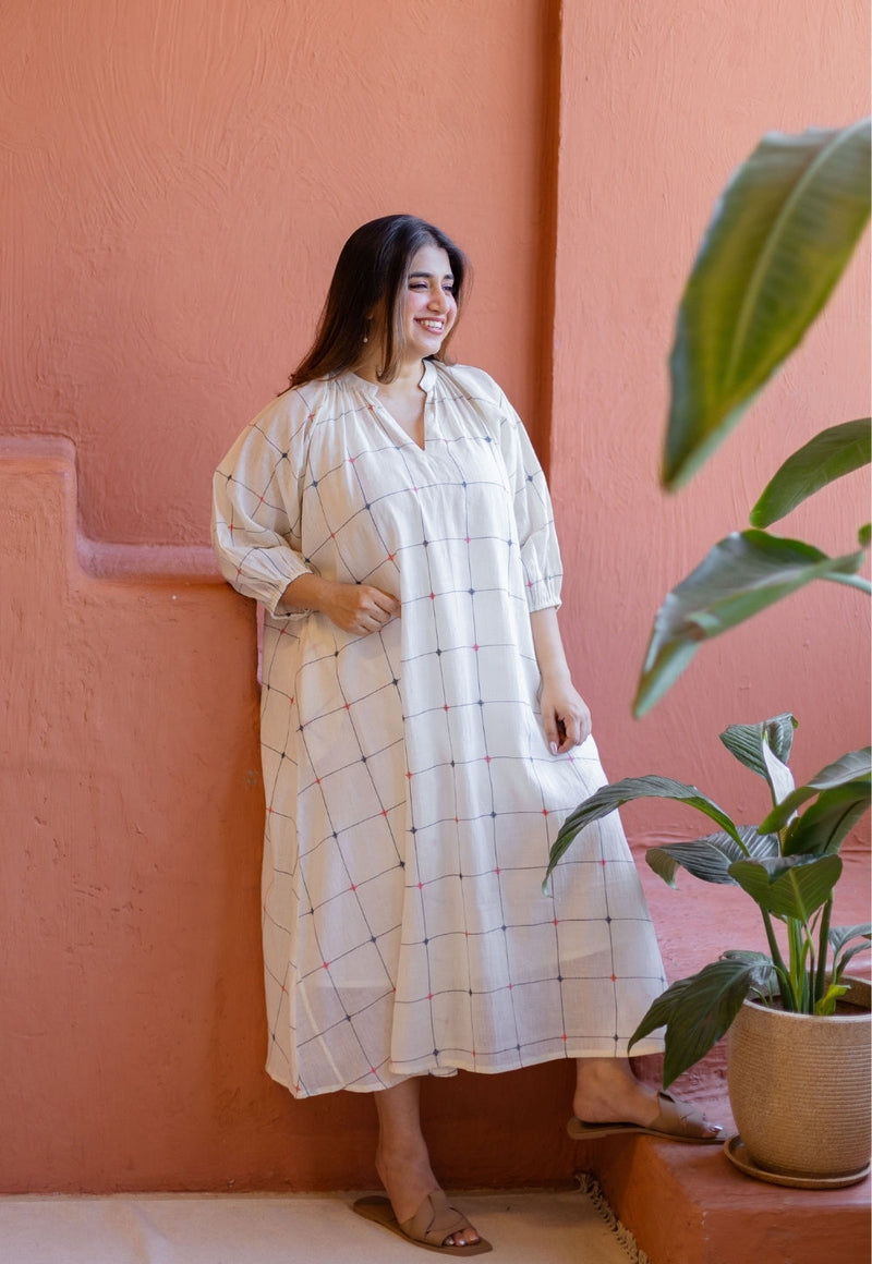 Eva Off White Jamdani Handloom Cotton Anti-Fit Dress