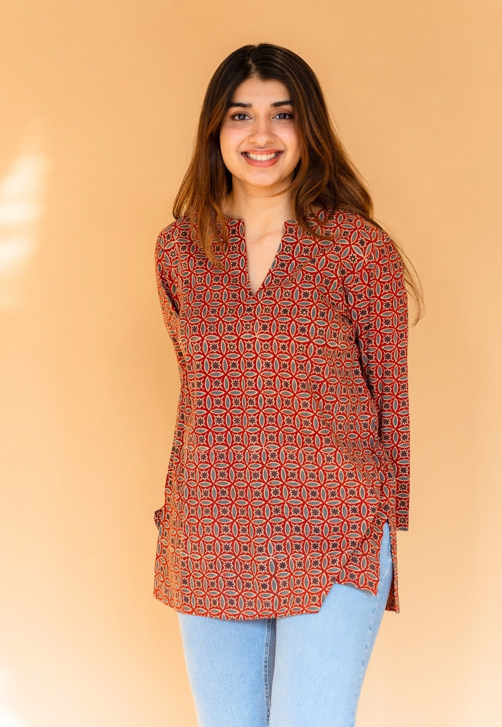 Karvi Red Ajrakh Cotton Straight Short Top with Embroidery