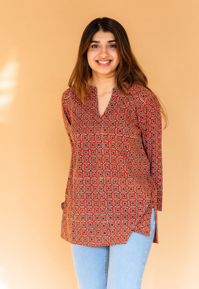 Karvi Red Ajrakh Cotton Straight Short Top with Embroidery