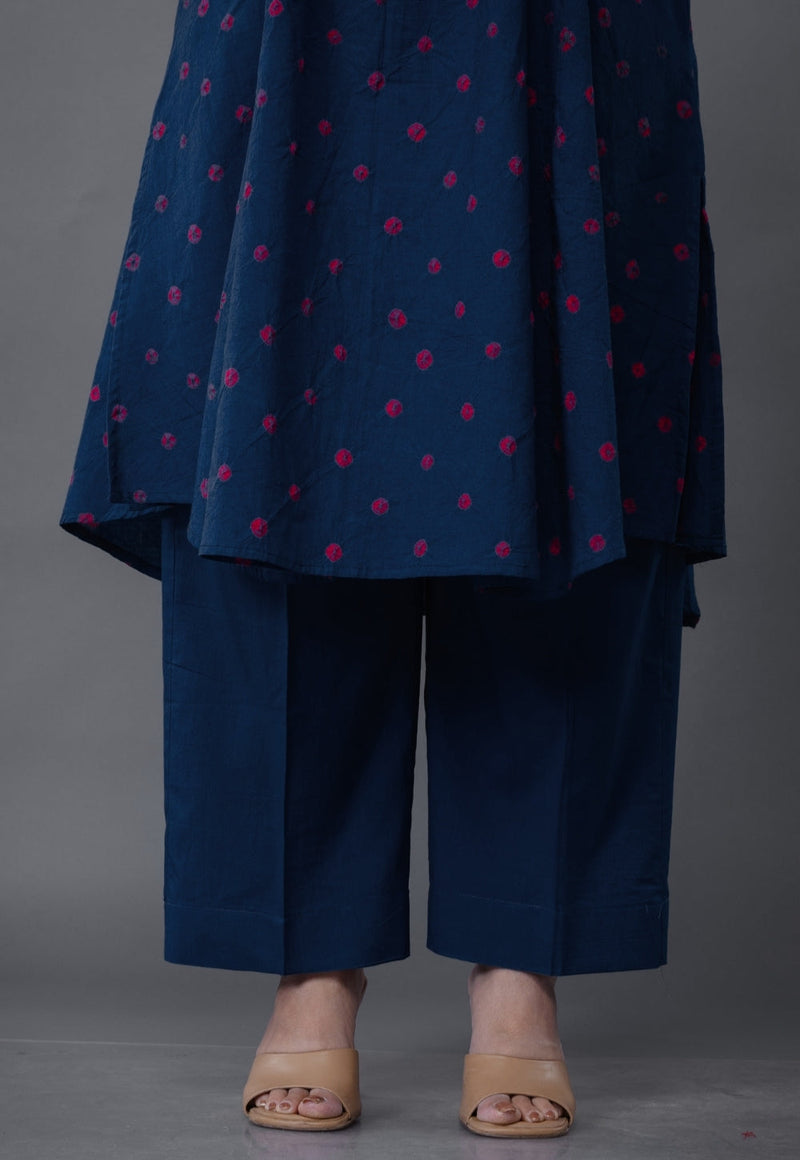 Yashi Blue Solid Slub Cotton Straight Pant