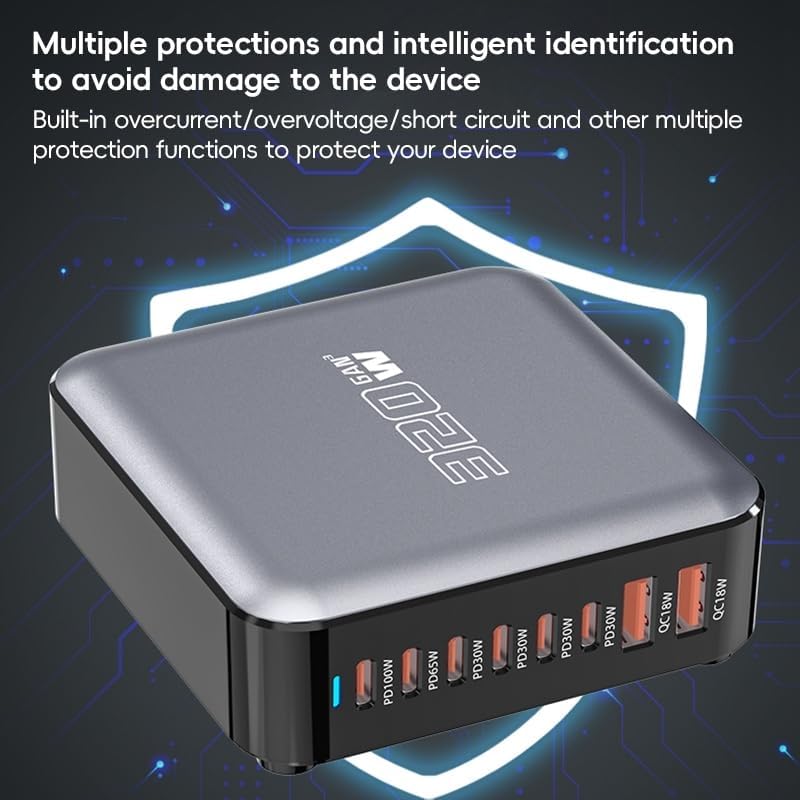 WISTAR GaN USB C Charger Block, 8-Port Desktop Charging Station, 100W PD Laptop Charger, 6 USB-C & 2 USB-A Fast Charger for MacBook, iPhone 16/15,Pro, Samsung Galaxy, EU Plug 320W - image 2