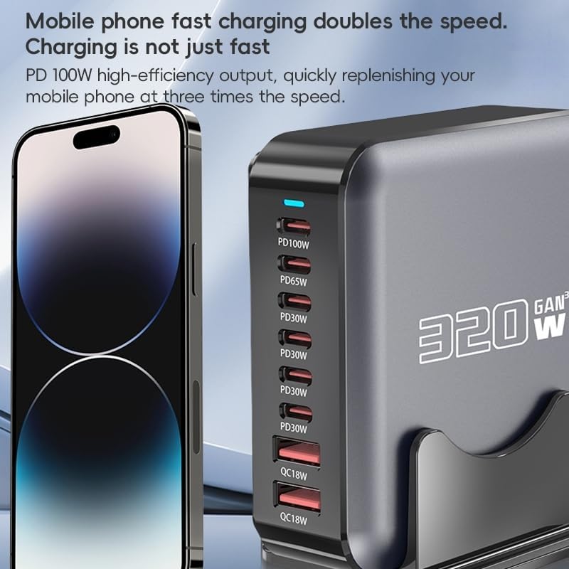 WISTAR WISTAR 320W GaN 8-Port USB C Charger Station, 100W PD Fast Charging Hub with 6 USB-C & 2 USB-A, Desktop Charger for MacBook, iPhone 16 Pro Max, iPd, Samsung, Steam Deck, EU Plug - image 3