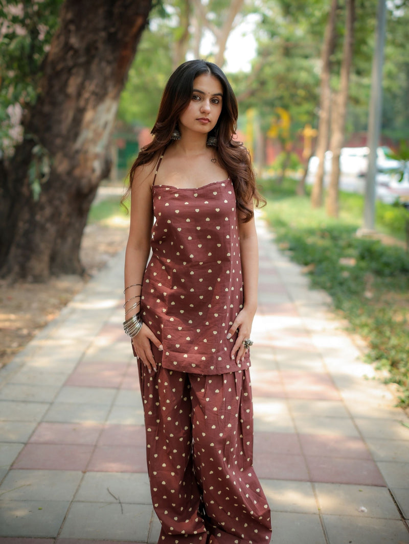 Daisy Dusk Coffee Farshi Salwar Set with Halter Neck Kurta