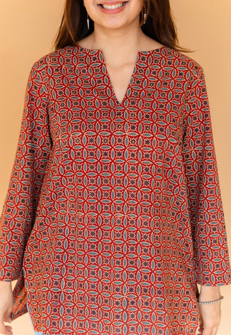 Karvi Red Ajrakh Cotton Straight Short Top with Embroidery